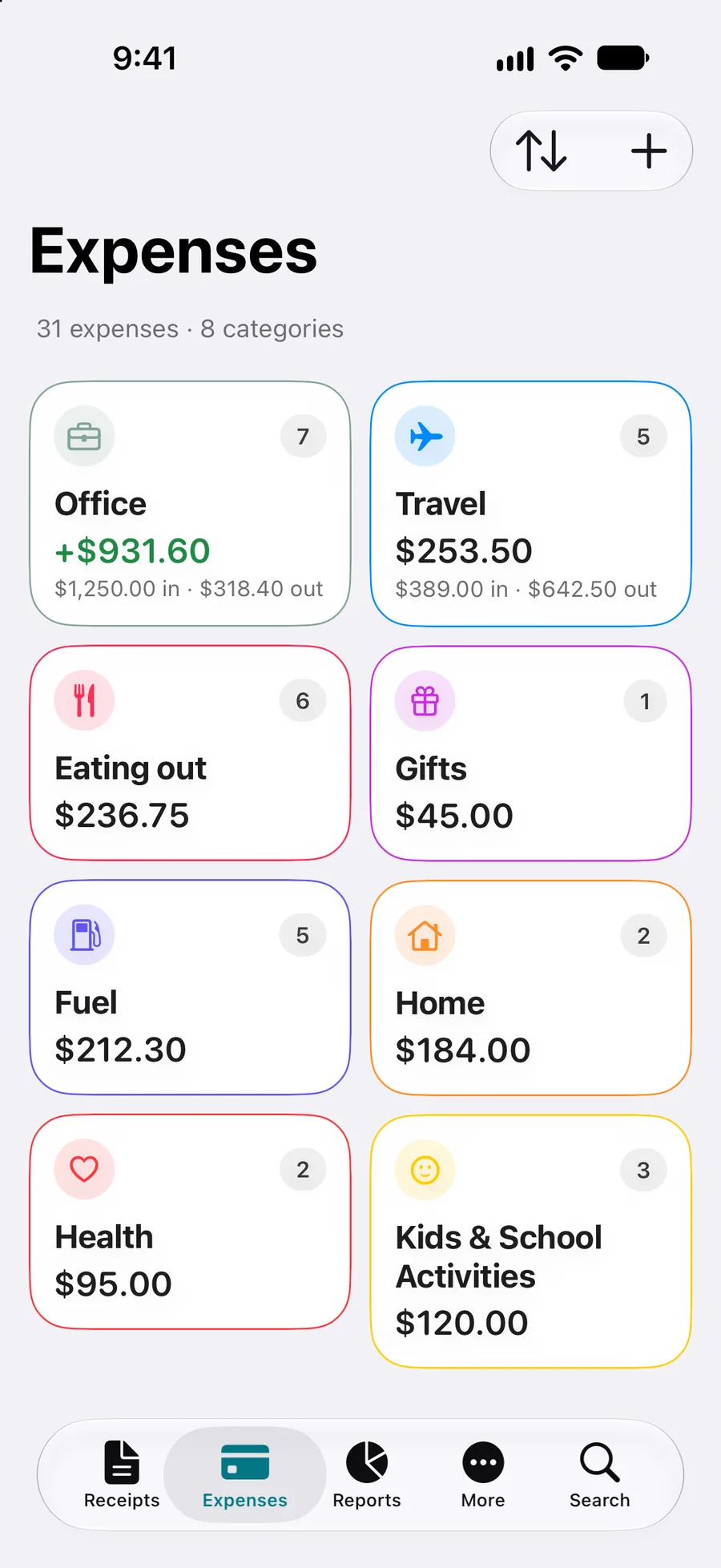 Expenses grouped by category with money in and out