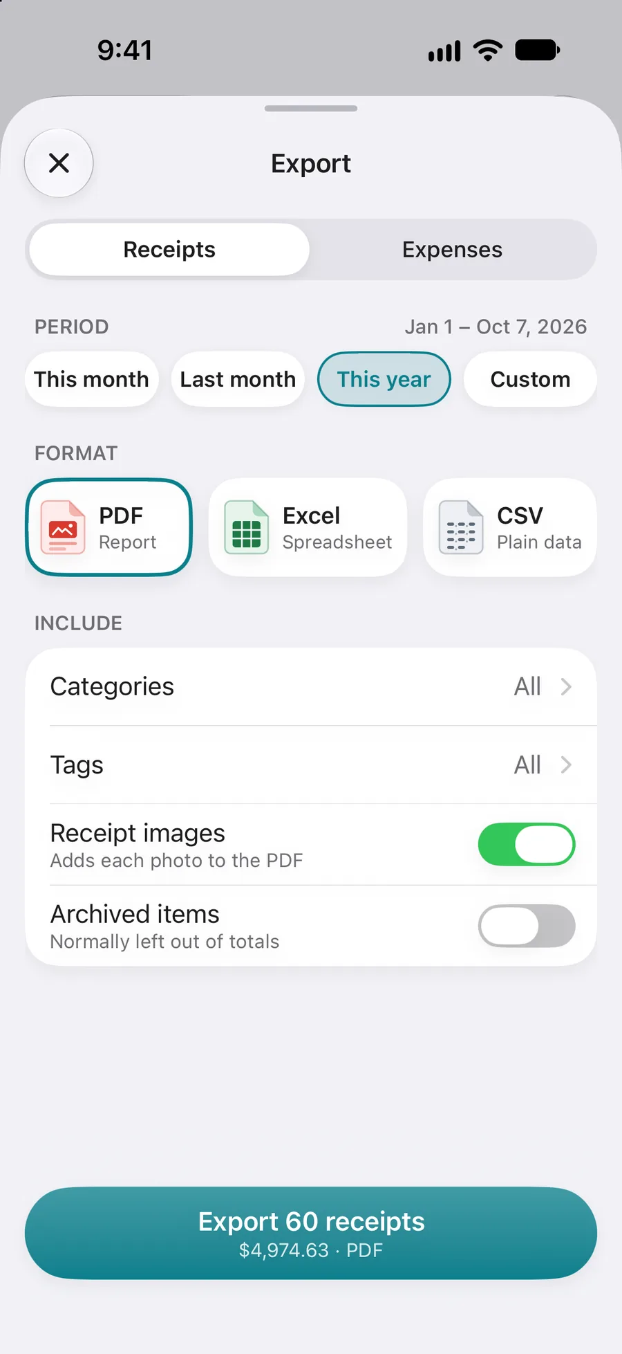 Export as PDF, Excel or CSV with period and filters