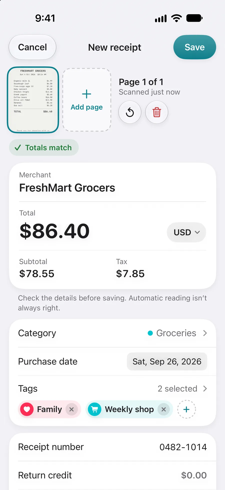 New receipt screen with the scanned details filled in