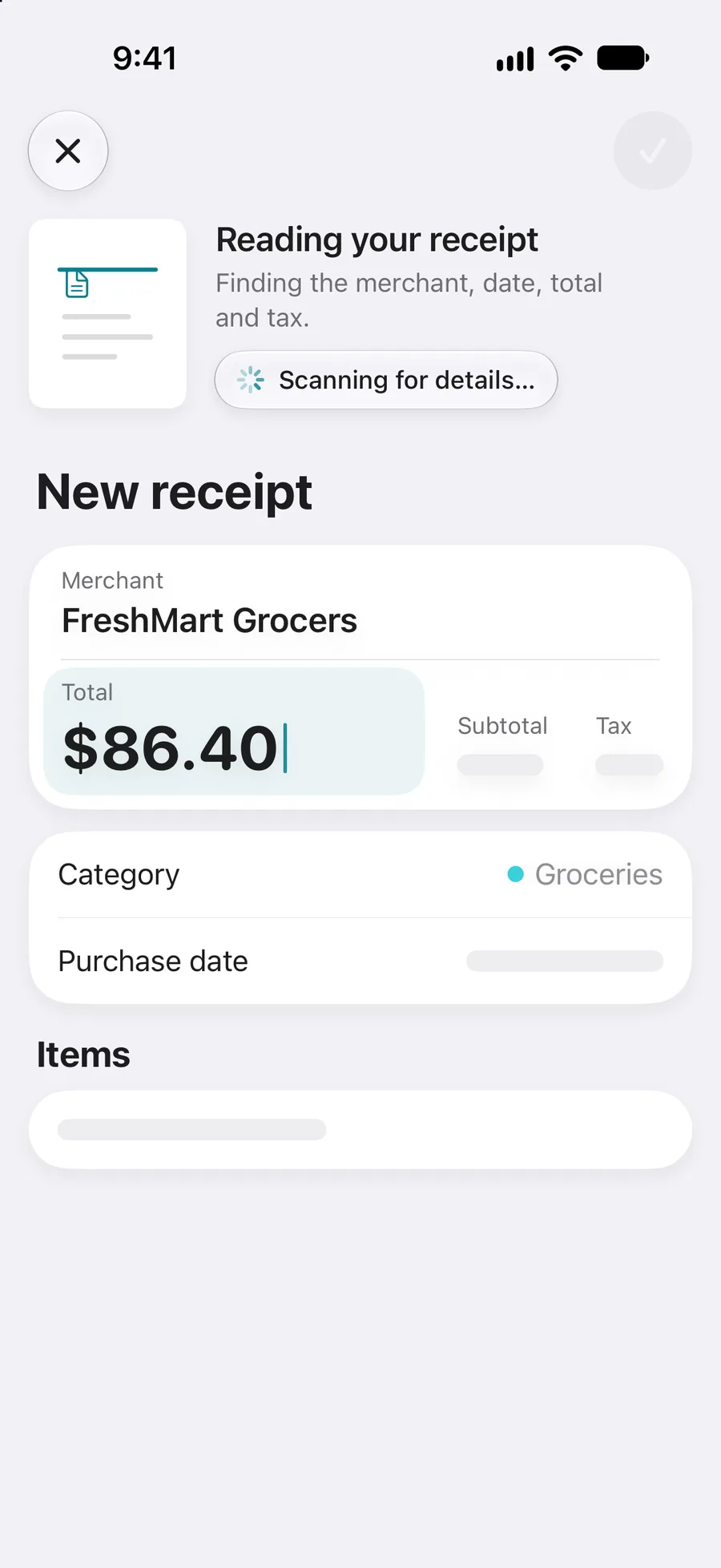 Reading a receipt, with the merchant and total already found