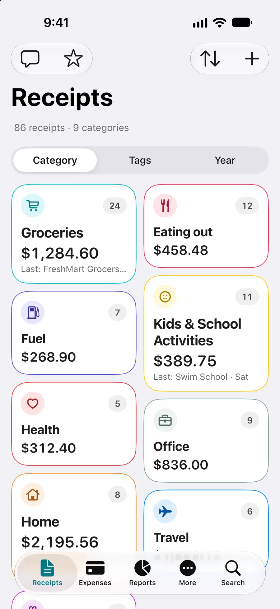 Receiptly receipts on iPhone as category cards: Groceries, Eating out, Fuel, Kids and School Activities, Health, Office, Home and Travel, each with a count and total