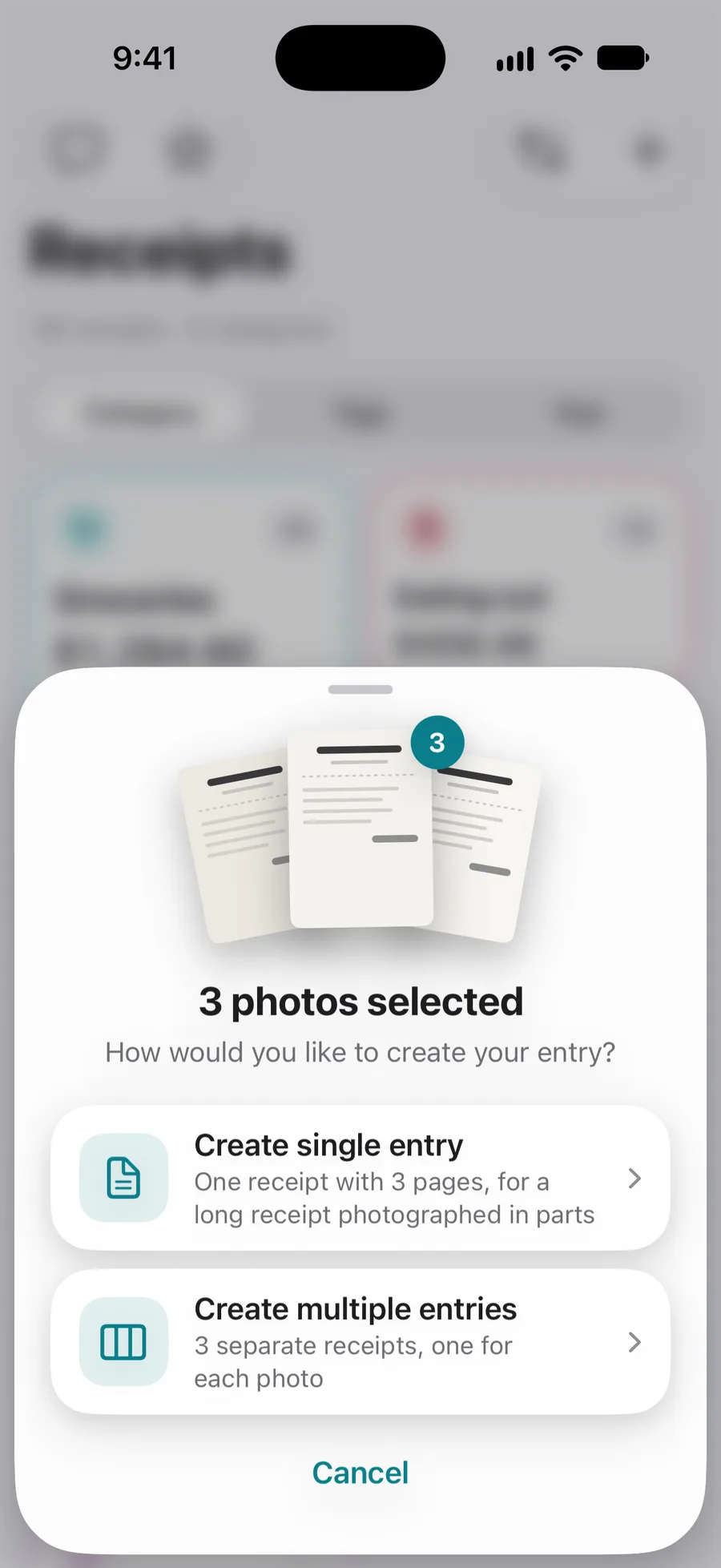 Three photos selected: create a single entry or multiple entries